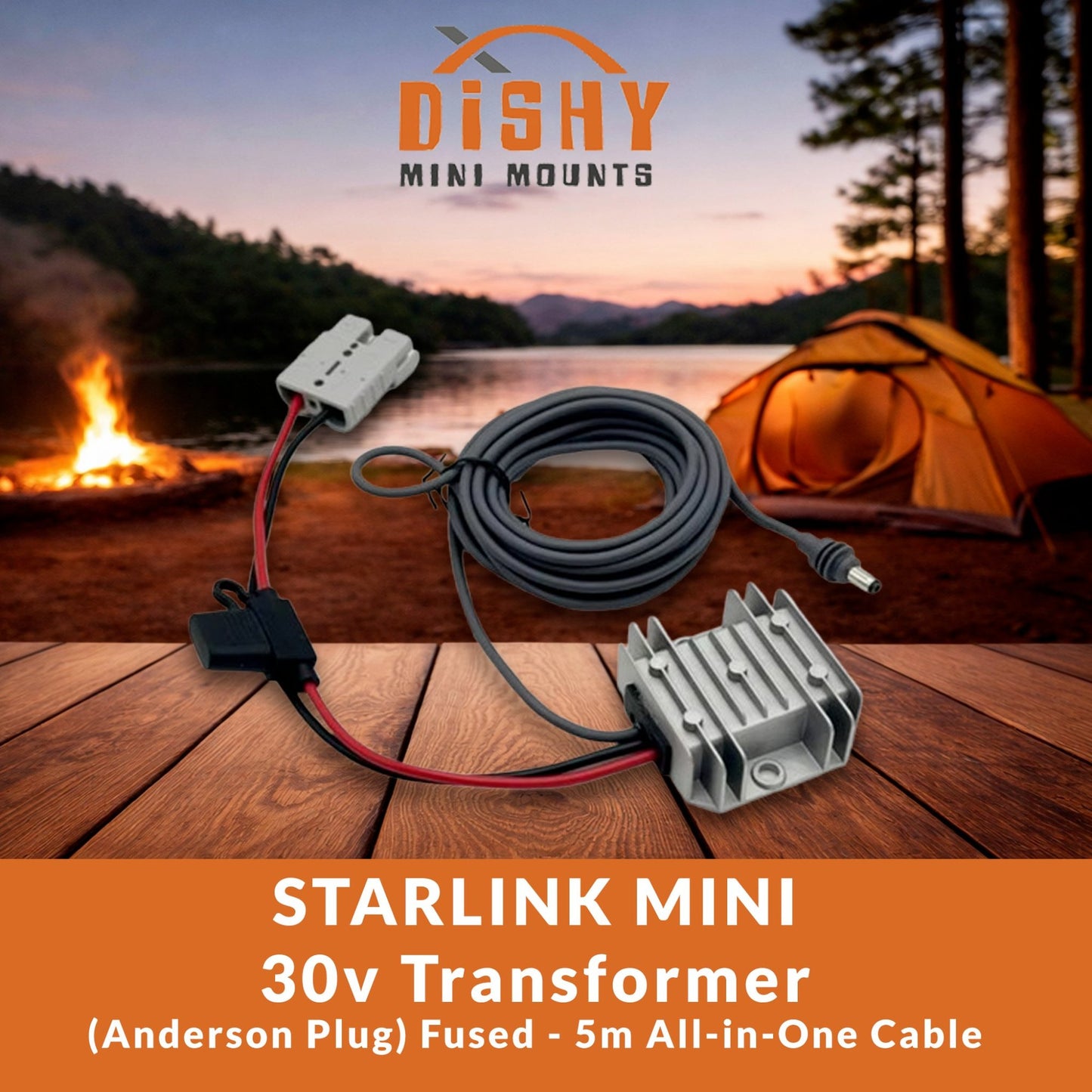 Starlink Mini 30V step-up converter with Anderson plug and 5m integrated cable — fused 12V to 30V all-in-one by Dishy Mini Mounts