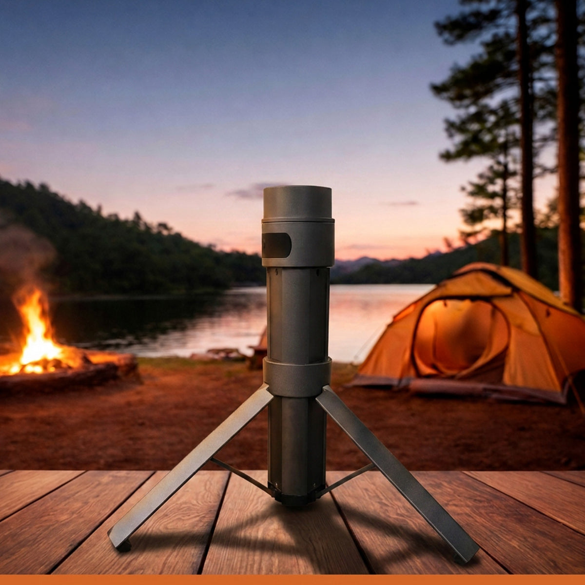 Starlink Mini tripod power bank standing at a campsite - tripod stand and 166Wh battery in a single unit by Dishy Mini Mounts