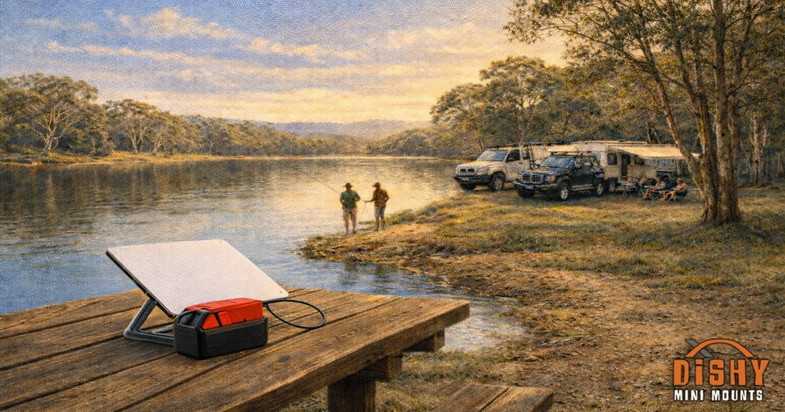 Starlink Mini powered by red power tool battery adapter on lakeside picnic table at sunset