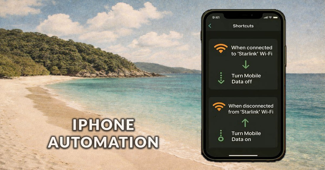 Phone showing iPhone Shortcuts automation for Starlink WiFi with tropical beach background