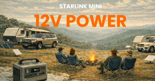Starlink Mini 12V power setup - couples camping with caravans, portable power station and campfire in Australian bush