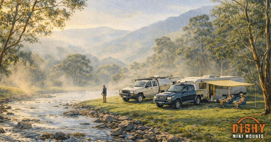 Australian riverside camp with two 4WDs and caravan at misty mountain creek