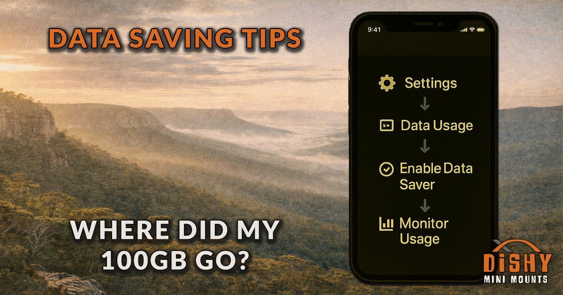 Phone showing data saving tips and settings with Blue Mountains misty sunrise background