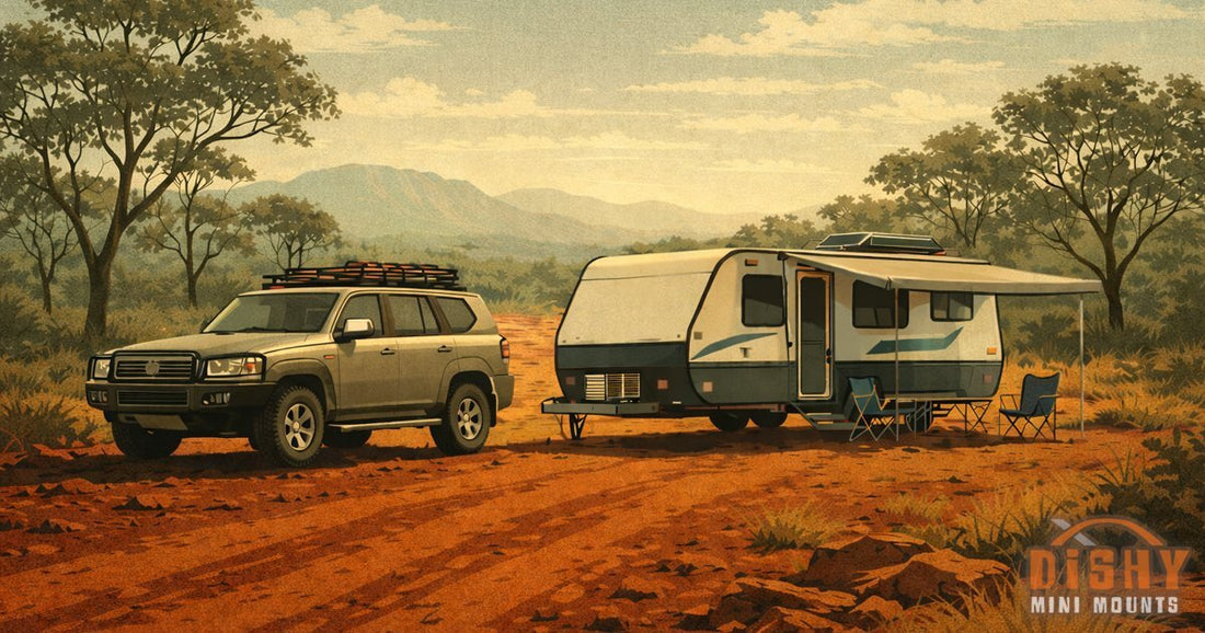 Australian 4WD towing caravan on red dirt outback track with mountains in background