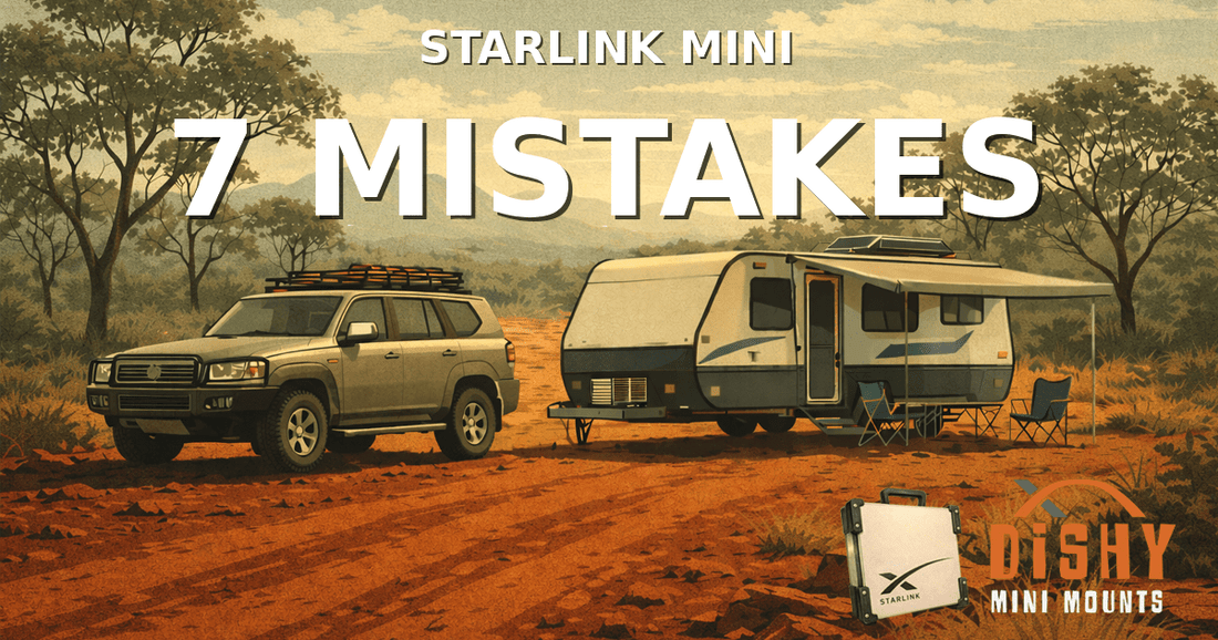 Starlink Mini caravan mistakes - Toyota Land Cruiser and caravan setup in red Australian outback