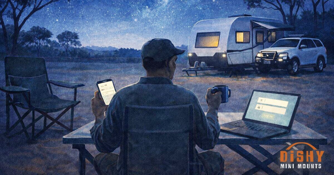Man at campsite viewing WiFi settings on phone and account login on laptop under starry outback sky