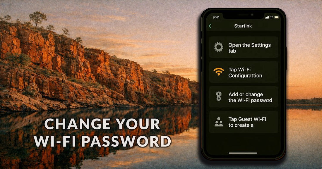Phone showing Starlink WiFi configuration steps with Kimberley gorge sunset background