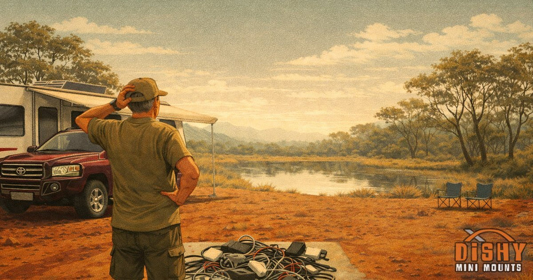 Man scratching head looking at pile of tangled cables at outback billabong campsite
