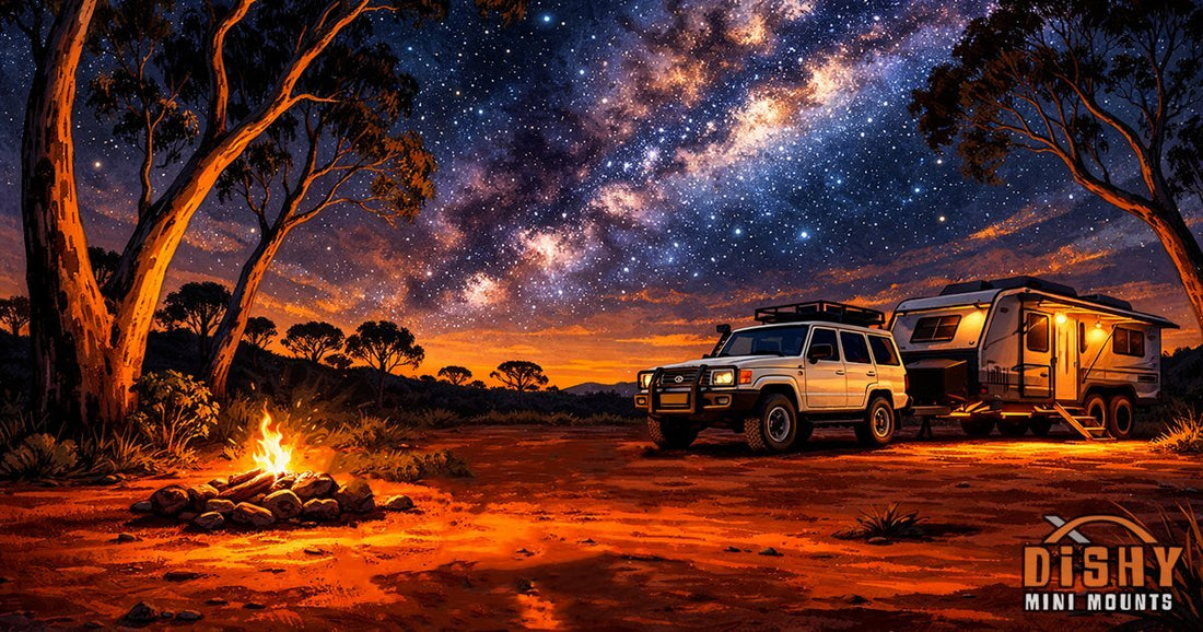 Outback campfire under Milky Way night sky with 4WD and caravan on red dirt