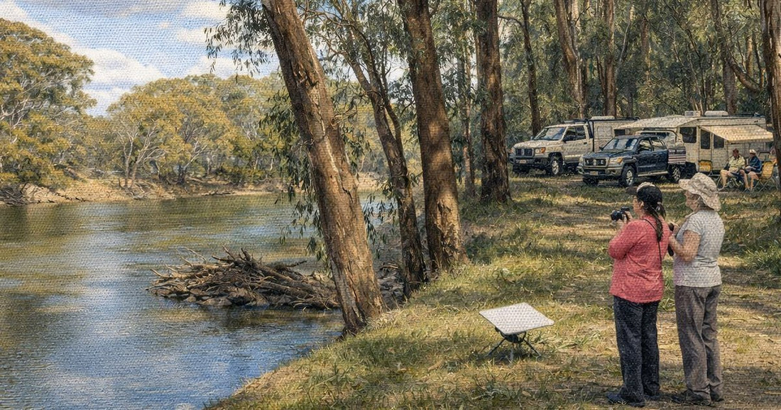Couple with Starlink Mini on ground by Murray River gum trees with caravan camp