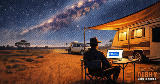 Man using laptop with Bitwarden under caravan awning in outback under Milky Way