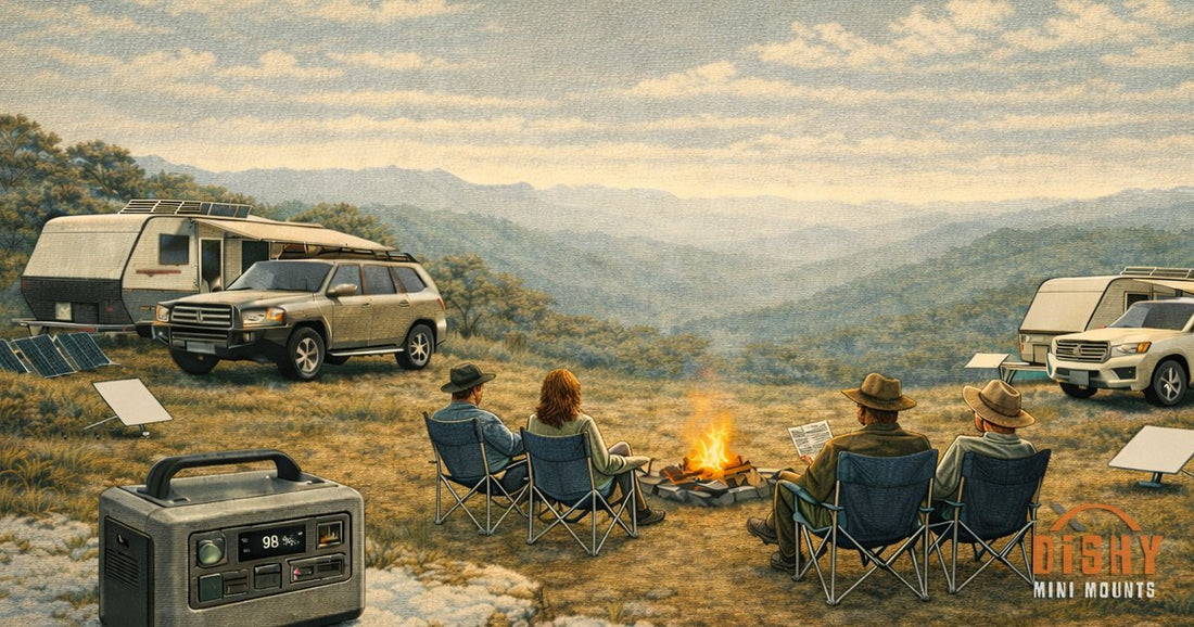 Portable power station with Starlink Mini at campfire scene with families and caravans