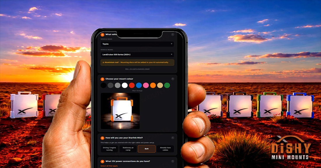 Hand holding phone showing Starlink Mini Kit Builder app with coloured mounts lined up in outback sunset