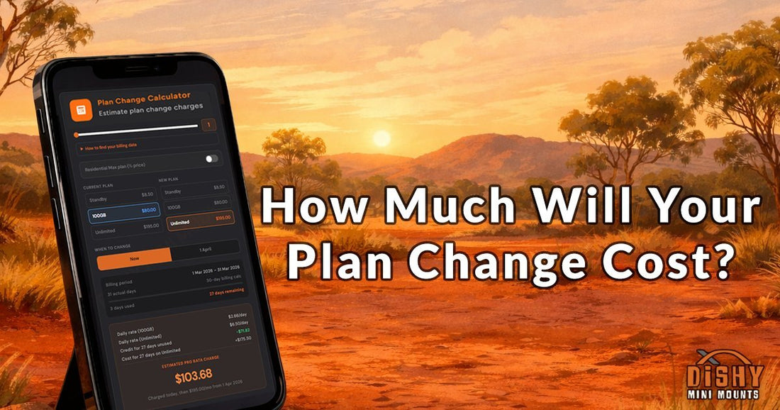 Phone showing Starlink plan change calculator with outback sunset background