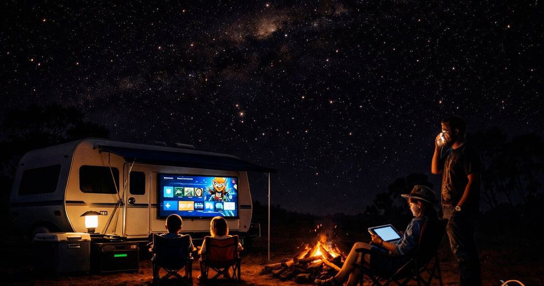 Australian outback family campsite at night with TV, tablet, phone and Starlink Mini all running on battery power under the Milky Way