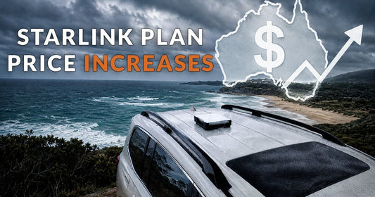 Starlink plan price increases in Australia - Starlink Mini on vehicle roof with Australia map and upward price arrow