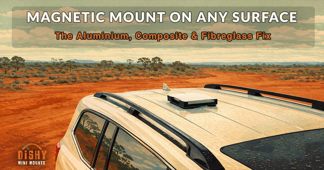 Starlink Mini in magnetic mount on Toyota 300 LandCruiser 300 Series aluminium roof with mounting discs in Australian outback - magnetic mount on any surface solution by Dishy Mini Mounts