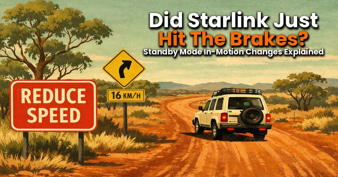 Vintage Australian outback poster showing a 4WD on a red dirt road with Reduce Speed and 16 KM/H road signs - Did Starlink Just Hit The Brakes? Standby Mode In-Motion Changes Explained