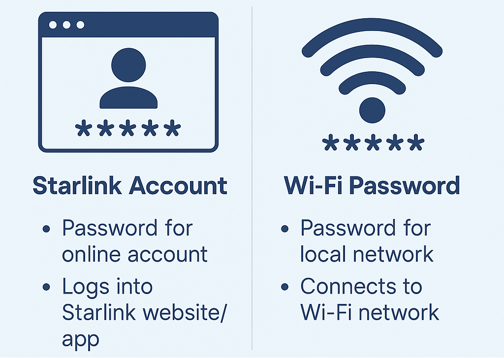Starlink Mini account password vs Wi-Fi password comparison - infographic explaining the difference