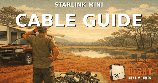 Starlink Mini cable selection - man choosing cables at Australian bush camp with caravan near billabong