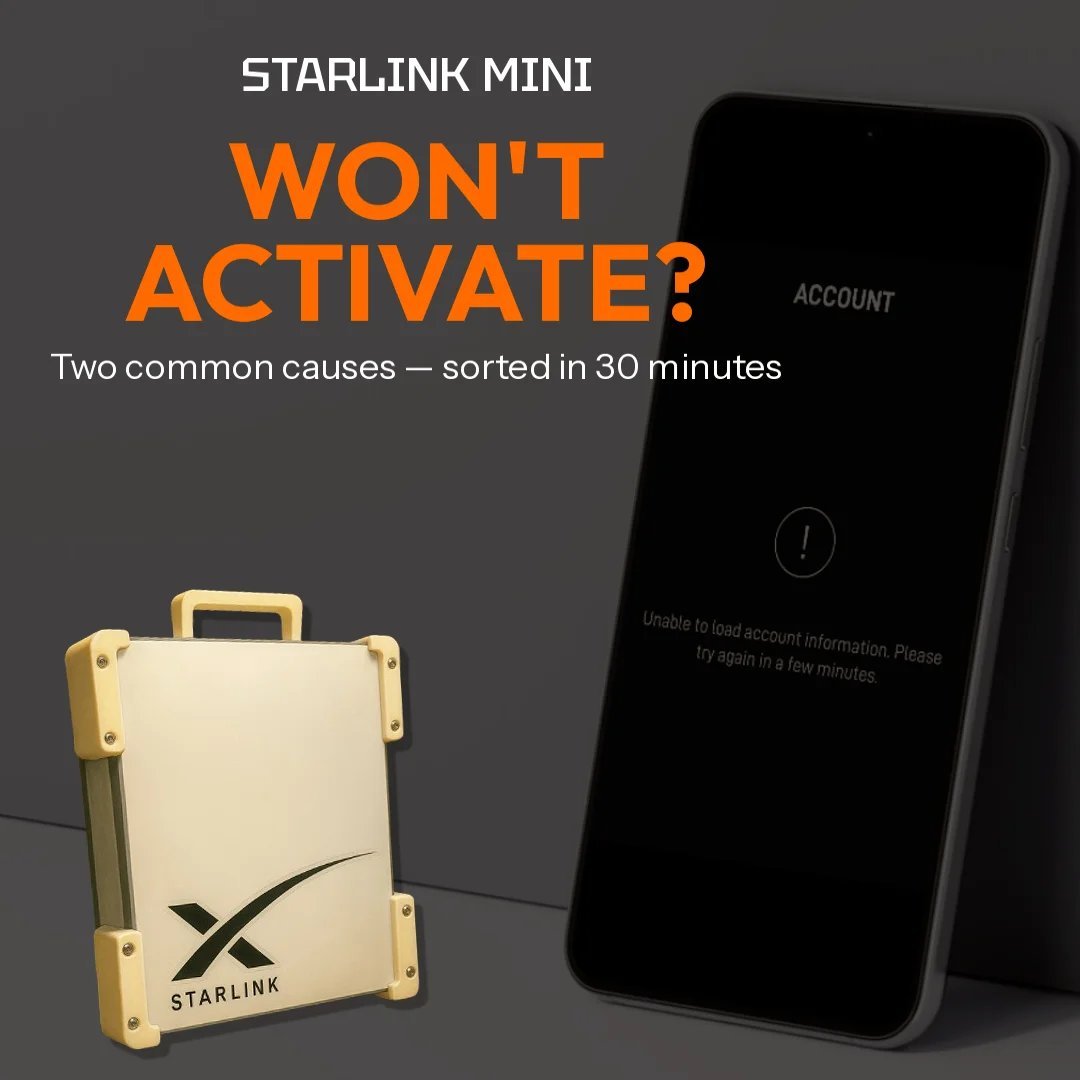 Starlink Mini activation troubleshooting - dish with phone showing account error message