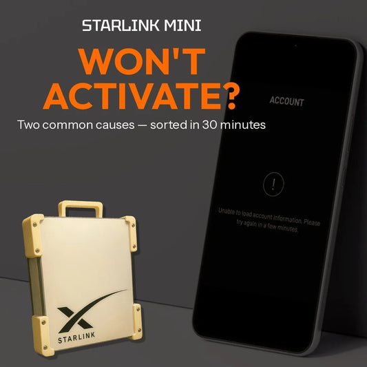 Starlink Mini activation troubleshooting - dish with phone showing account error message