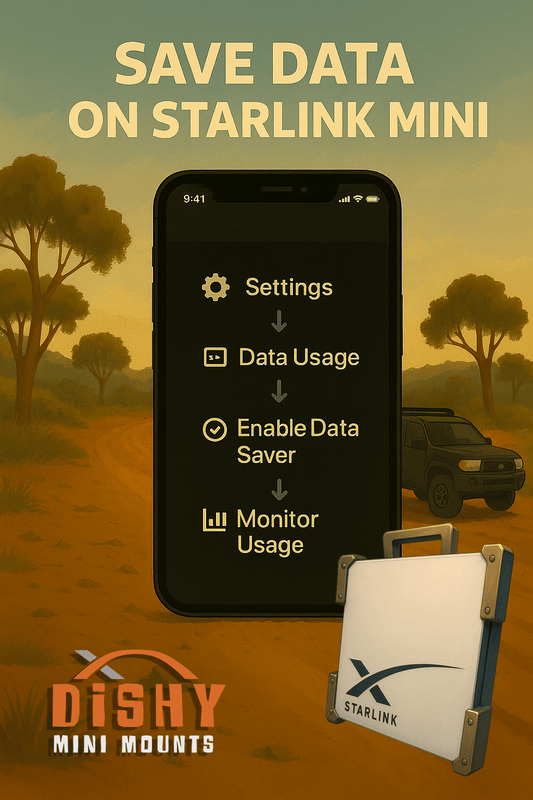 Starlink Mini data saver settings - phone showing data usage tips with 4WD in Australian outback