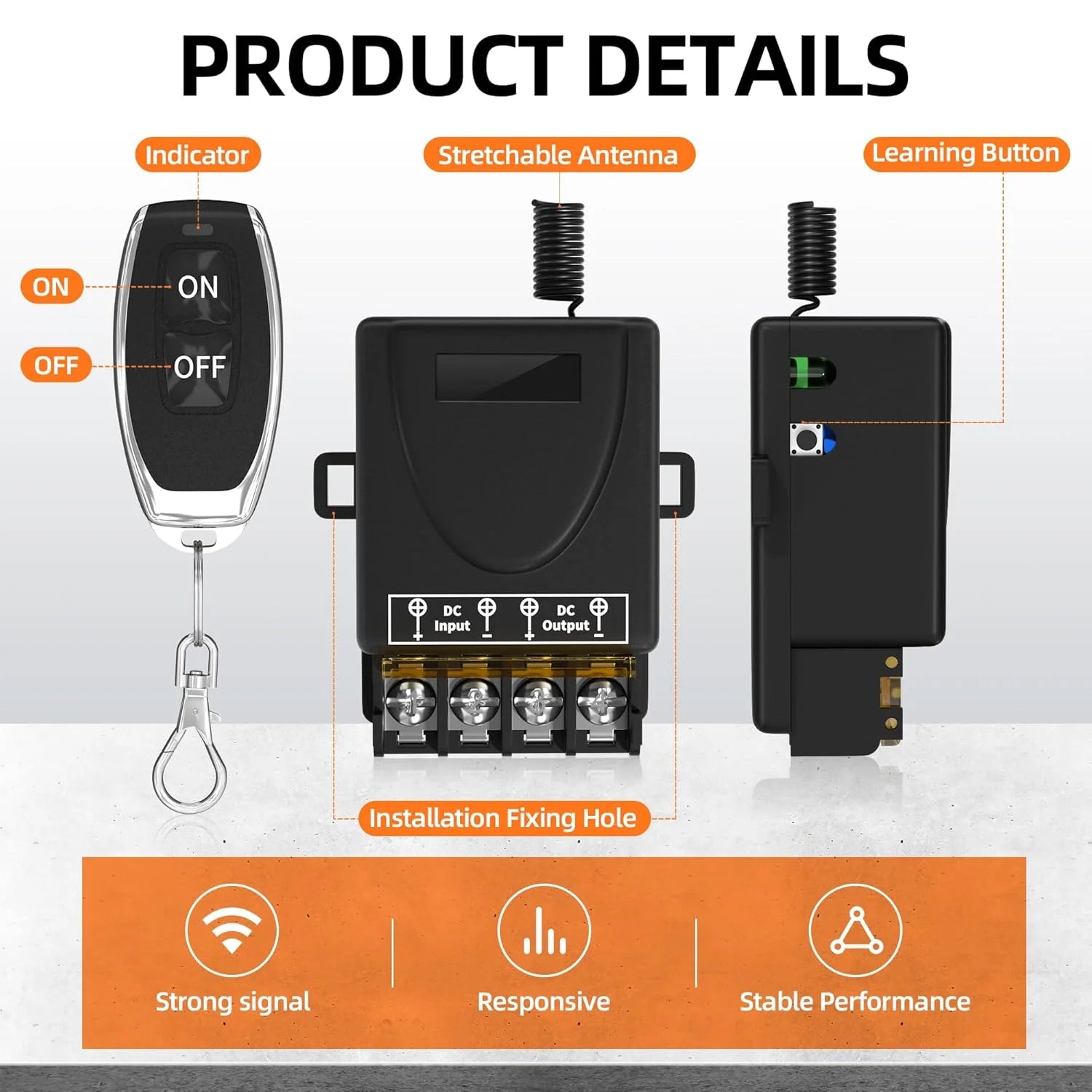 Product details of a remote control system with indicators, stretchable antenna, learning button, and installation features.