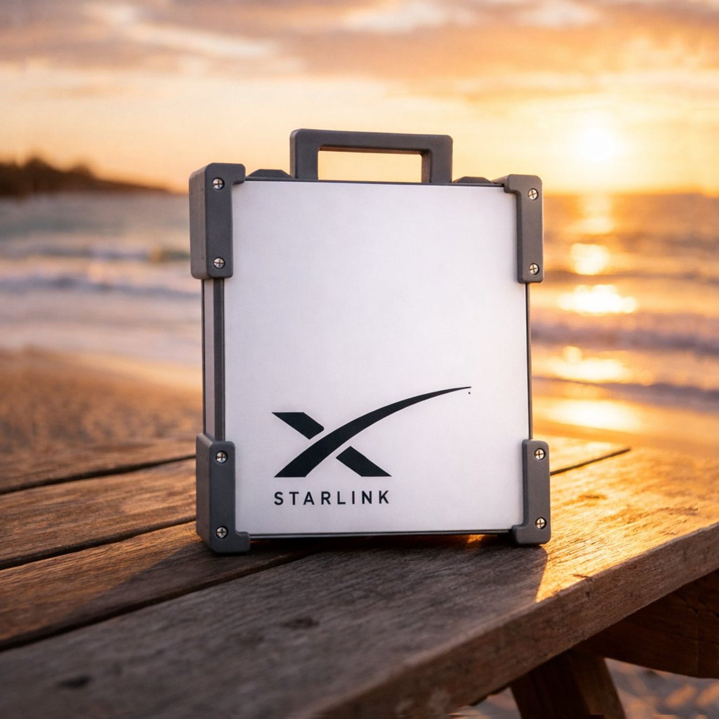 Dark Grey Starlink Mini Magnetic Mount on timber table at Australian beach sunset - portable satellite dish carry frame by Dishy Mini Mounts