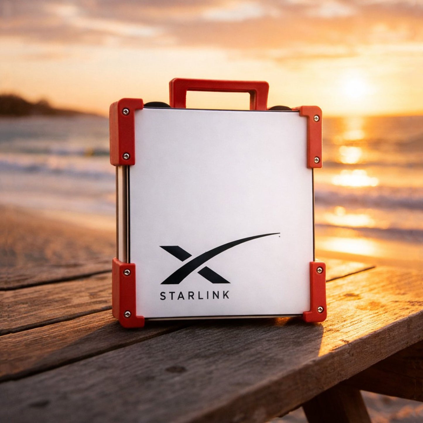 Red Starlink Mini Magnetic Mount on timber table at Australian beach sunset - portable satellite dish carry frame by Dishy Mini Mounts