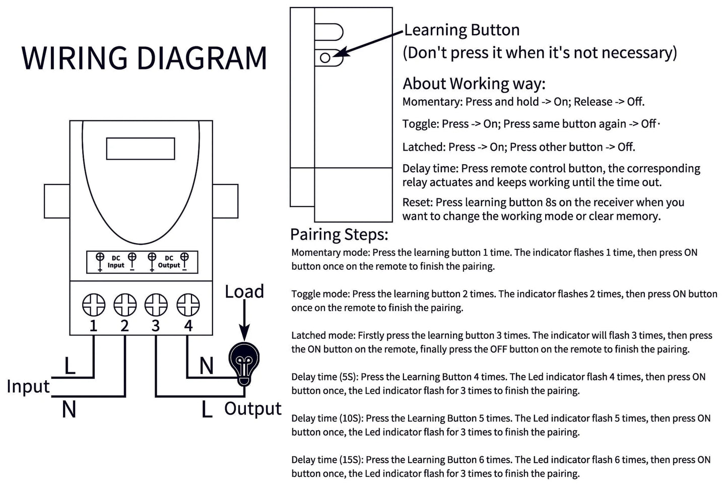 Wiring diagram with text instructions for a device, including a learning button and pairing steps.