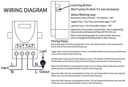 Wiring diagram with text instructions for a device, including a learning button and pairing steps.