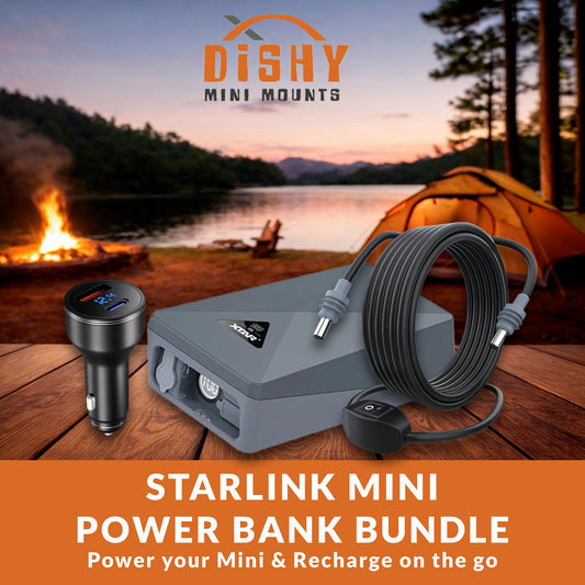 Starlink Mini MP158 Power Bank Bundle with PD 120W Car Adapter and 3m DC cable — portable power and recharge on the go.
