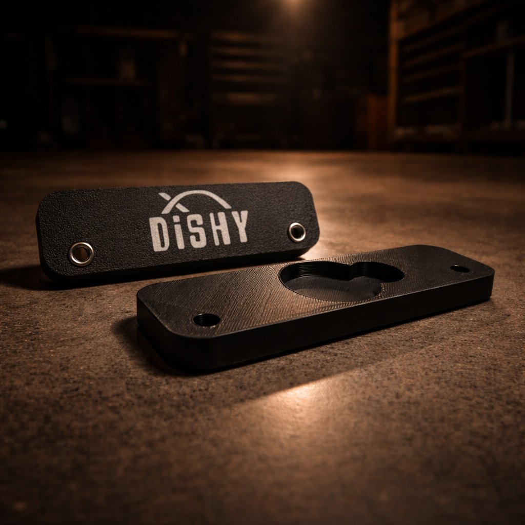 Dishy Mini Mounts AirTag holder Black - showing Dishy logo and AirTag recess