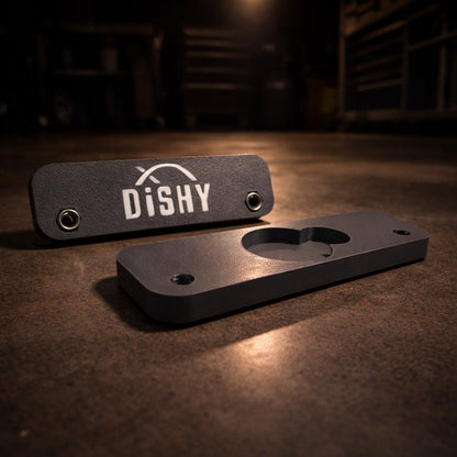 Dishy Mini Mounts AirTag holder Dark Grey - showing Dishy logo and AirTag recess