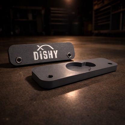 Dishy Mini Mounts AirTag holder Grey - showing Dishy logo and AirTag recess