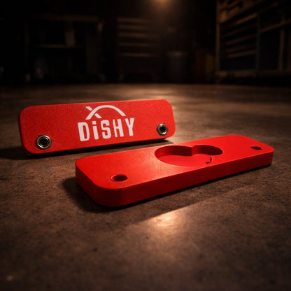 Dishy Mini Mounts AirTag holder Red - showing Dishy logo and AirTag recess