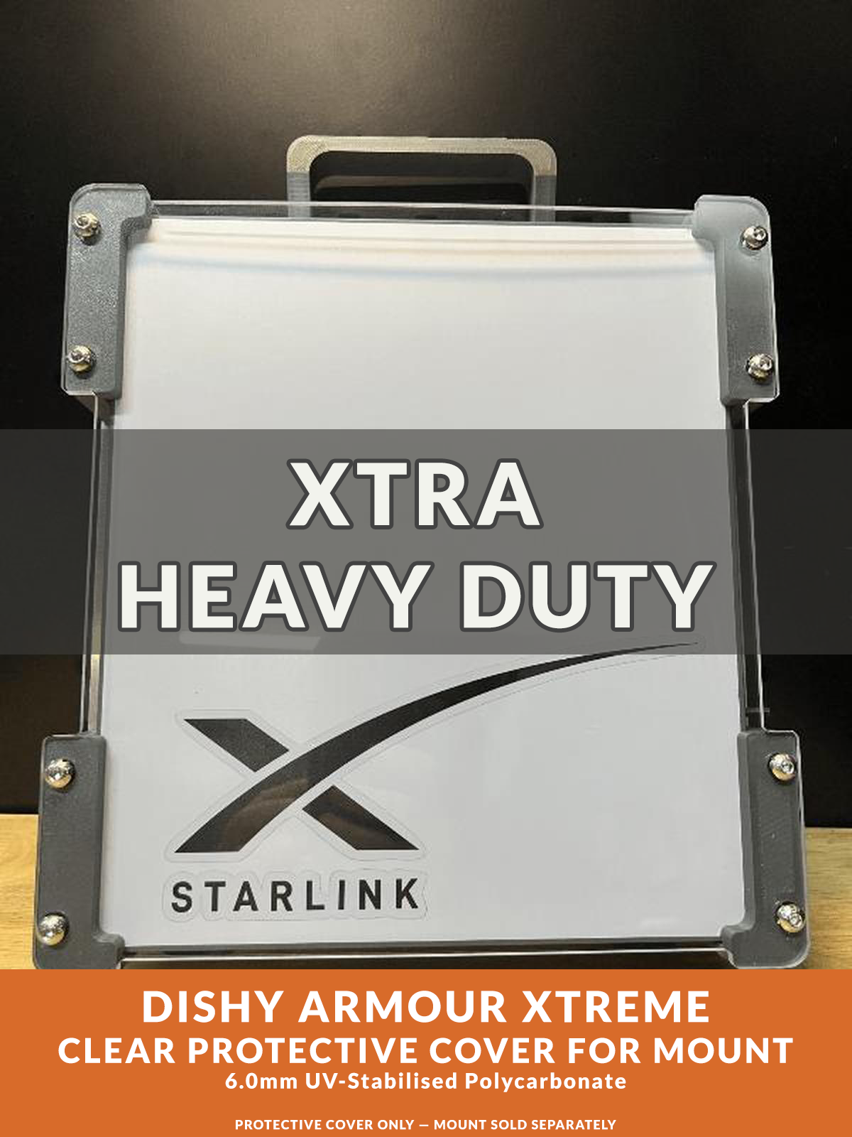 Clear protective cover for mount with 'Xtra Heavy Duty' and 'Starlink' branding on a dark background.