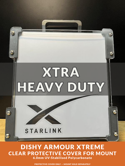 Clear protective cover for mount with 'Xtra Heavy Duty' and 'Starlink' branding on a dark background.