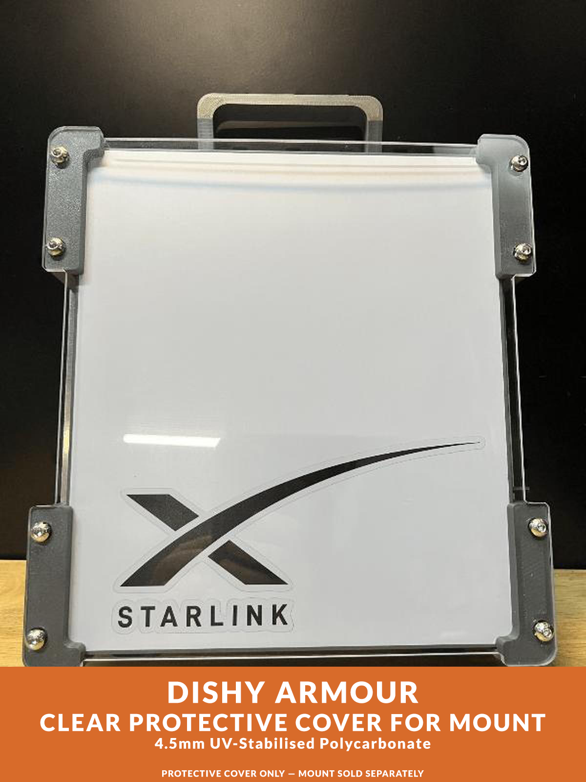 Clear protective cover for mount with Starlink logo on a dark background