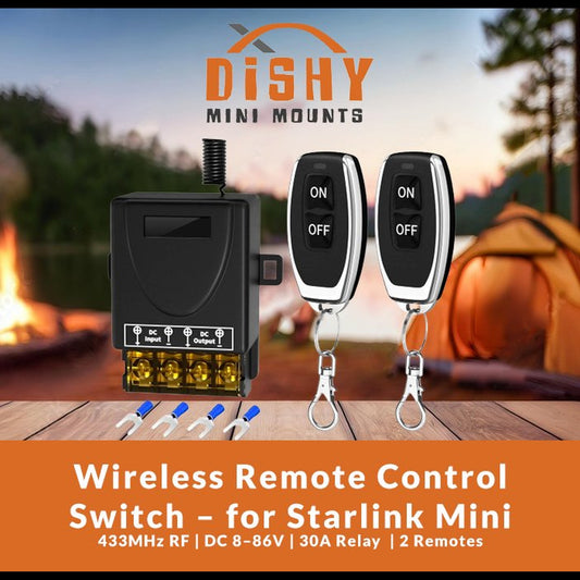 Wireless remote control switch for Starlink Mini with 'Dishy Mini Mounts' branding, set against a camping scene.