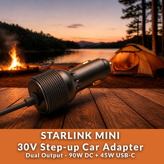 Starlink Mini 30V Step-Up Car Adapter - dual output 90W DC and 45W USB-C - locking cigarette lighter plug