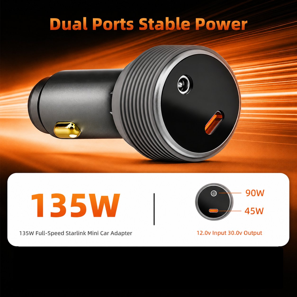 Starlink Mini 2 in 1 Car Adapter dual ports - 90W DC output and 45W USB-C - 12V input to 30V output