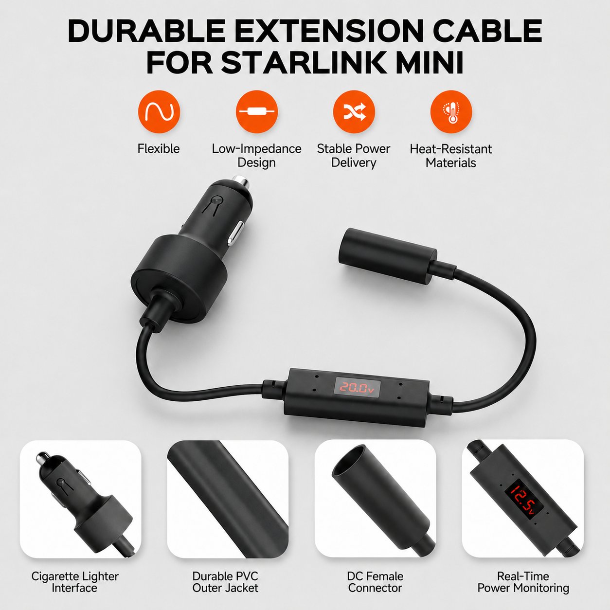 Starlink Mini 20V Step-Up Compact - feature overview - flexible low-impedance cable, LED voltmeter, cigarette lighter plug and DC female connector