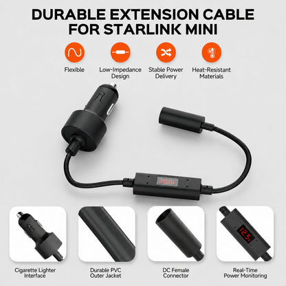 Starlink Mini 20V Step-Up Compact - feature overview - flexible low-impedance cable, LED voltmeter, cigarette lighter plug and DC female connector