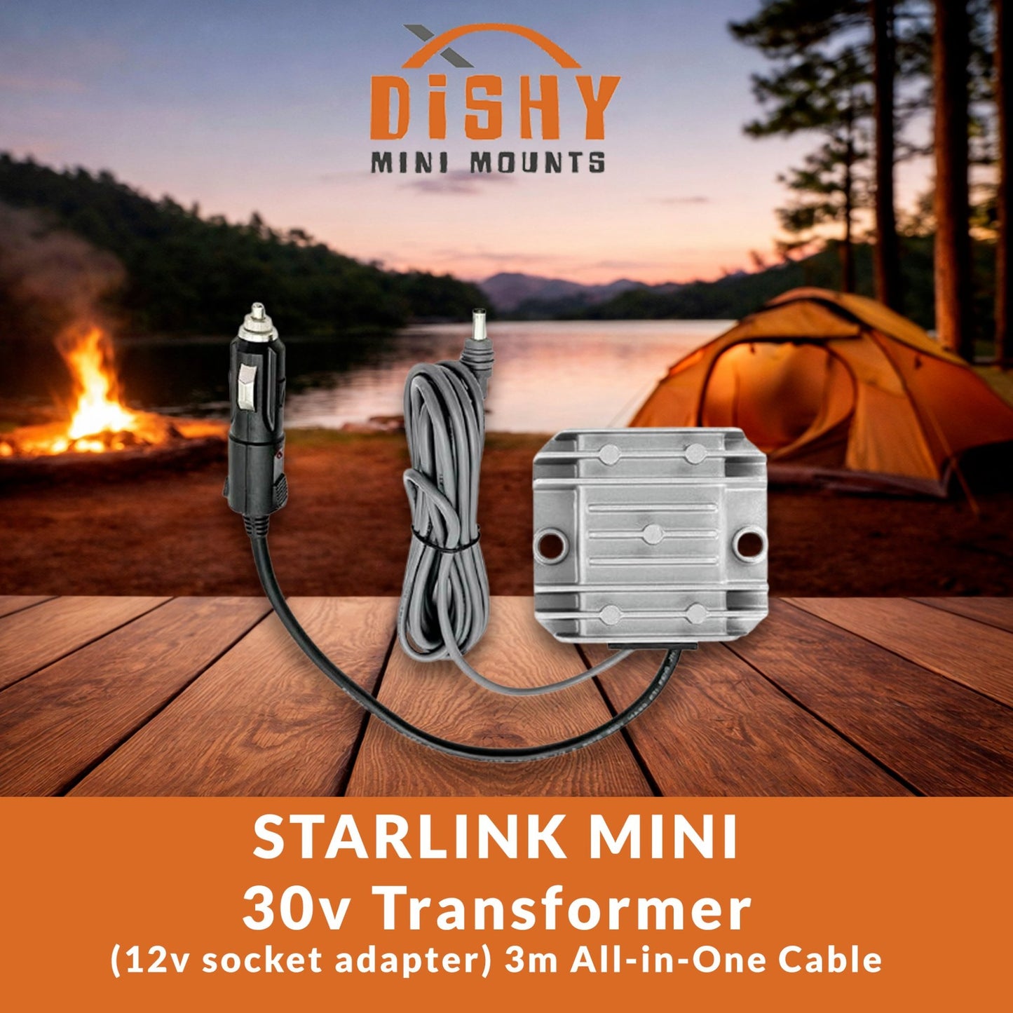 Starlink Mini 30V step-up converter with cigarette lighter plug and 3m integrated cable — 12V to 30V all-in-one by Dishy Mini Mounts