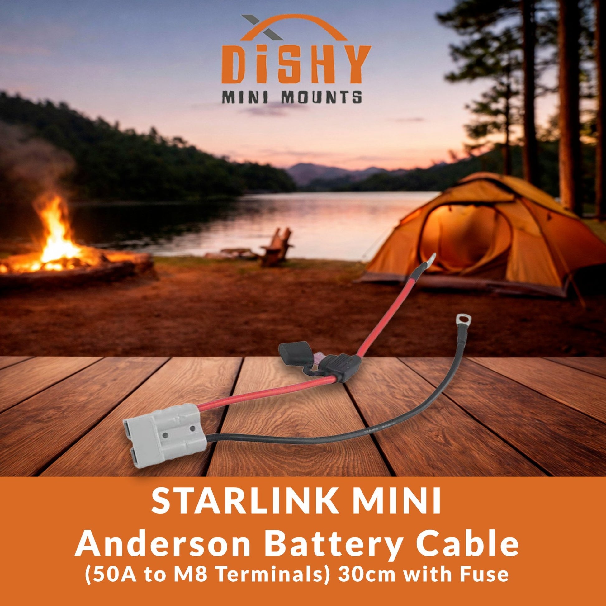 Starlink Mini Anderson plug to battery terminal cable 30cm with inline fuse — 50A to M8 ring terminals by Dishy Mini Mounts