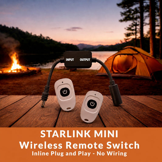Starlink Mini wireless remote switch - inline receiver with labelled INPUT and OUTPUT ends and two key fob remotes - Dishy Mini Mounts - Australia
