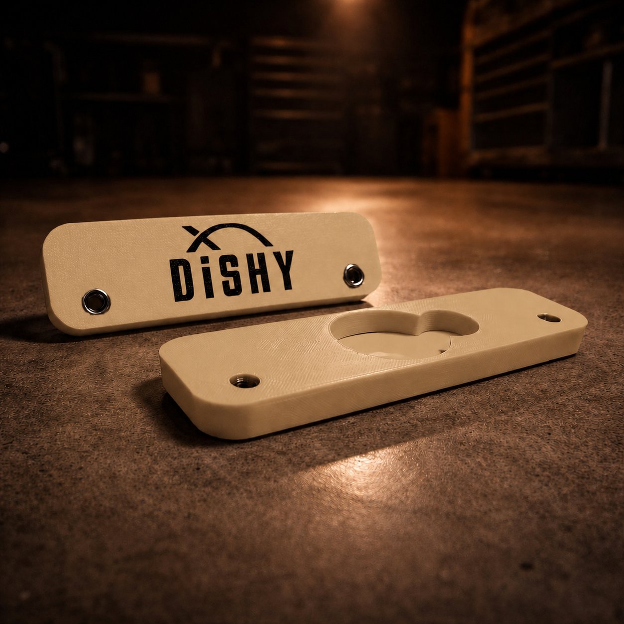 Dishy Mini Mounts AirTag holder Sandcruiser - showing Dishy logo and hidden AirTag recess