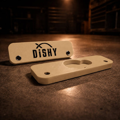 Dishy Mini Mounts AirTag holder Sandcruiser - showing Dishy logo and hidden AirTag recess